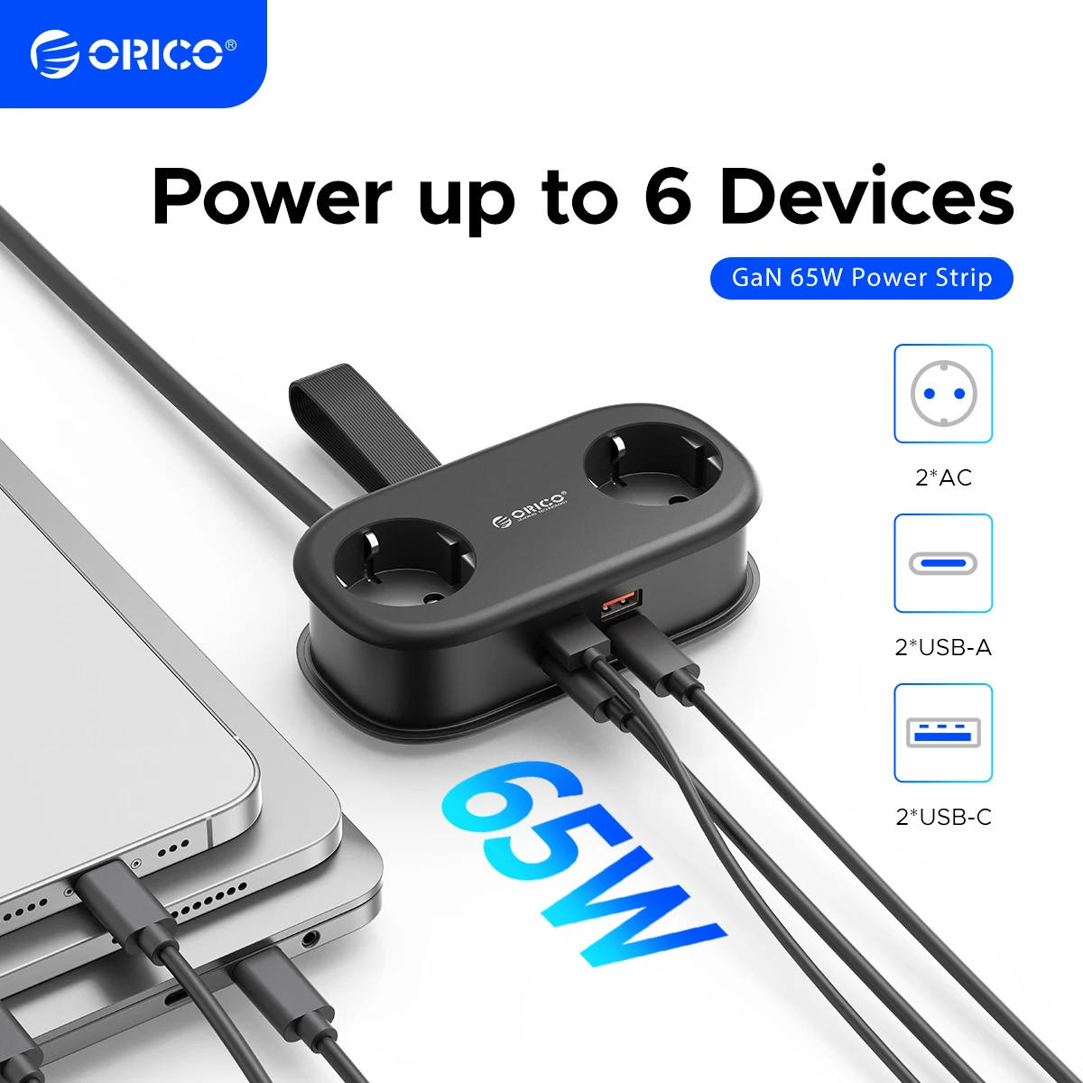 ORICO EU Plug GaN 65W Listwa Zasilająca 2 Gniazda AC 2 Porty USB 1 Port Typu C Przenośny Adapter Przedłużacz…