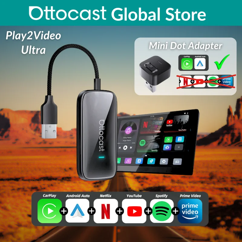 Ottocast Play2Video Ultra Mini Dot WiFi6 AI Box Adapter Carplay Android Auto Odtwarzacz Multimedialny YouTube…