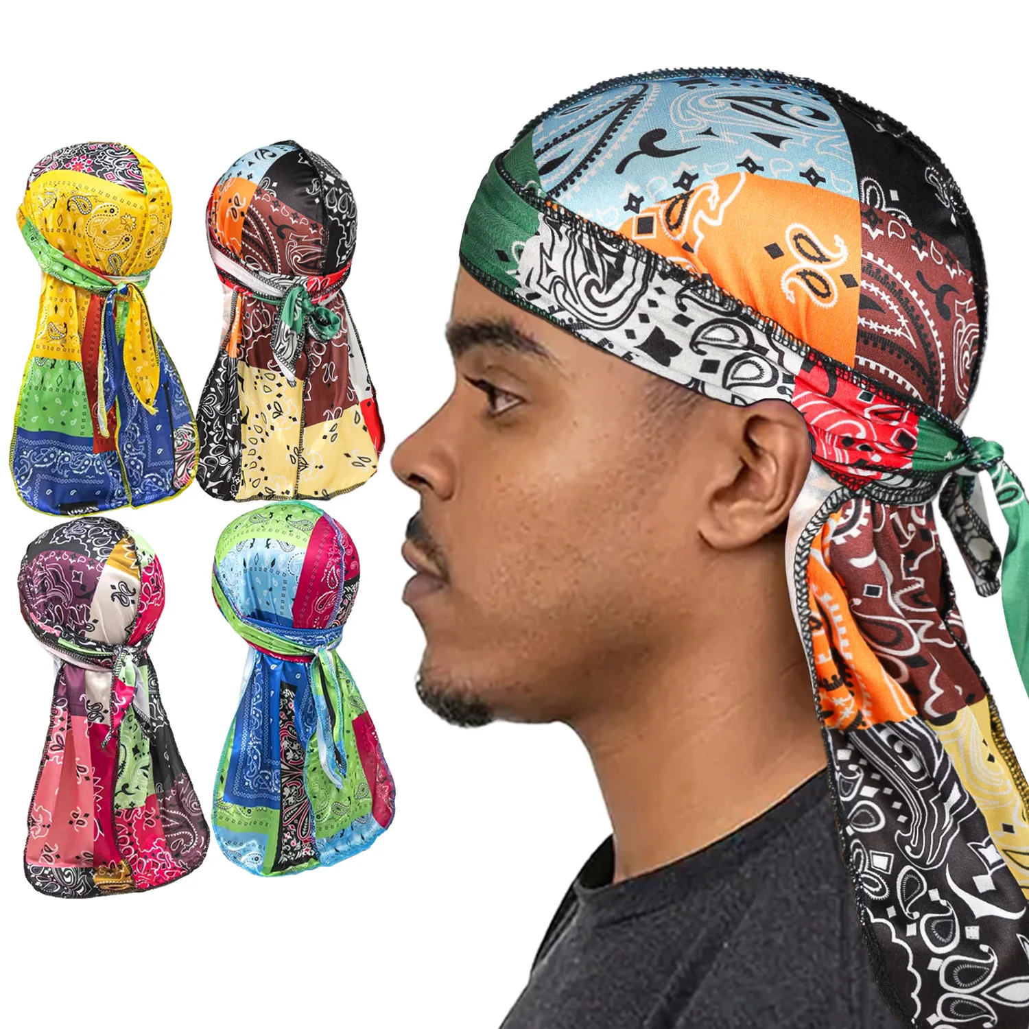 Paisley Printing Silky Durags Bandany dla mężczyzn Biker Headwrap Doo Rag Pirate Hat Cap Long Straps Nakrycie…