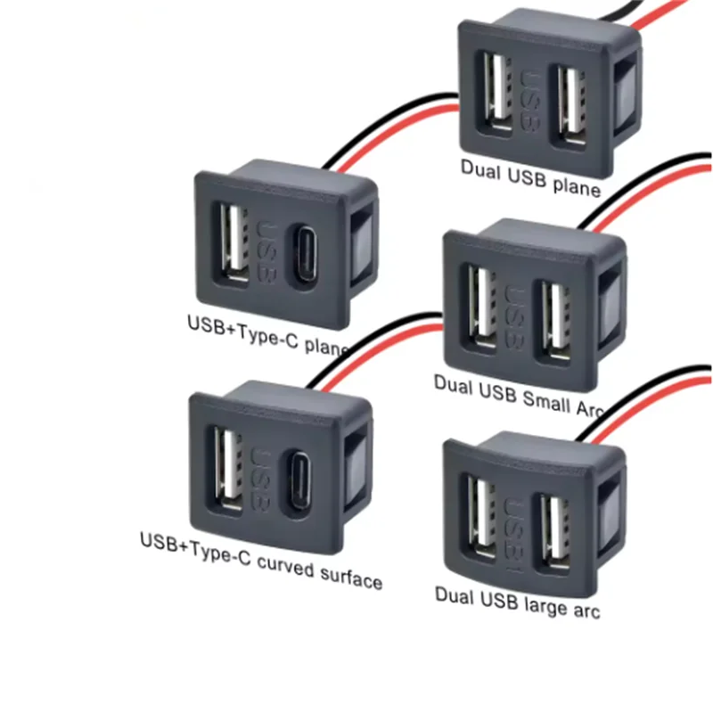 Podwójna warstwa gniazda USB żeńskiego typu C i gniazda ładowania lampy USB żeńskiego z złączem kablowym.