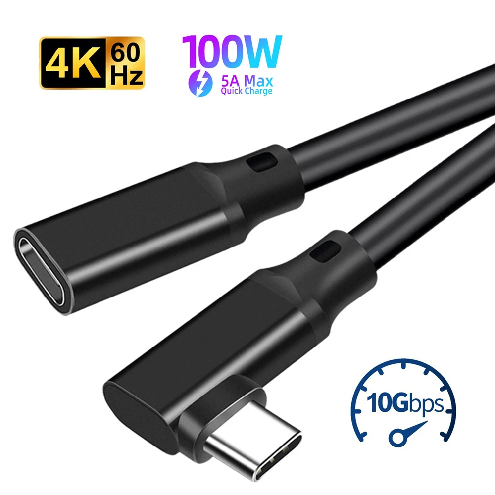 Przedłużacz USB C pod kątem 90 stopni typu C USB3.2 10 Gb/s 100 W 5 A męski do żeńskiego przedłużacza…