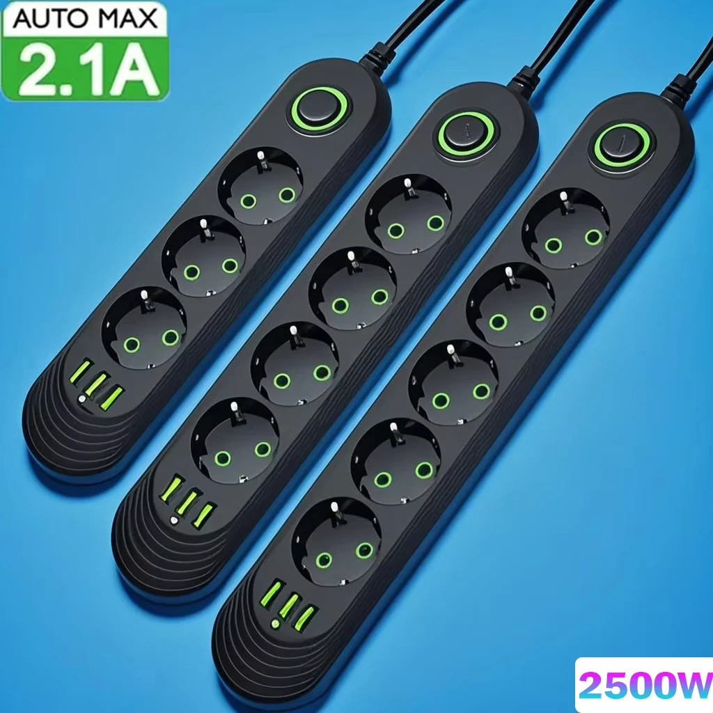 Przedłużacz z gniazdami AC 2500W, wtyczka EU, listwa zasilająca z filtrem sieciowym, porty USB do ładowania, 1… Przedłużacz z gniazdami AC 2500W, wtyczka EU, listwa zasilająca z filtrem sieciowym, porty USB do ładowania, 1…