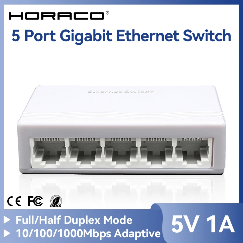 Przełącznik sieciowy HORACO 5-portowy Gigabit, niezarządzany, 1000M, mini przełącznik, biurkowy, Plug and…