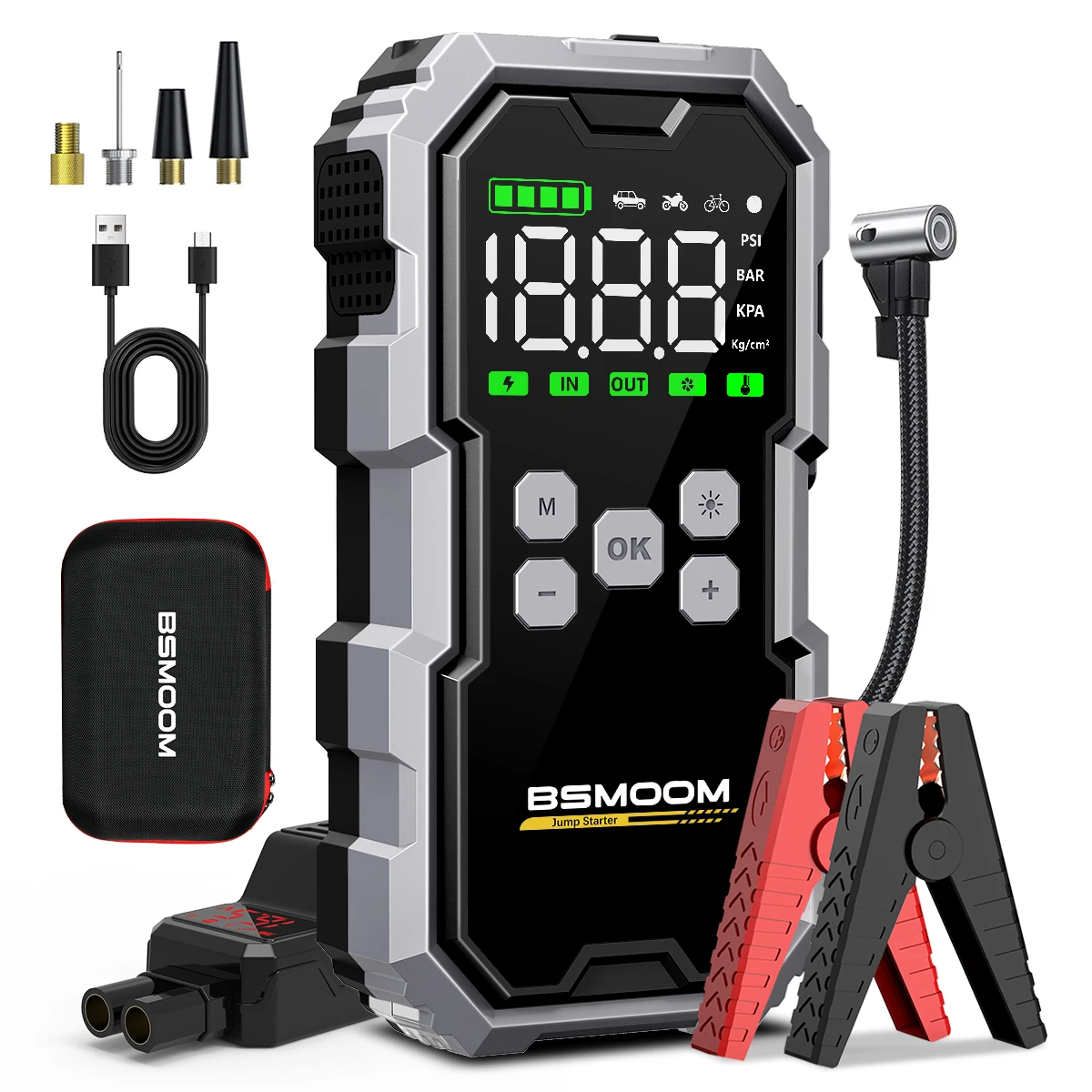 Przenośny rozruchowywacz samochodowy 1500A, kompresor powietrza 150PSI 26800mAh/21800mAh, power bank, pompka… Przenośny rozruchowywacz samochodowy 1500A, kompresor powietrza 150PSI 26800mAh/21800mAh, power bank, pompka…
