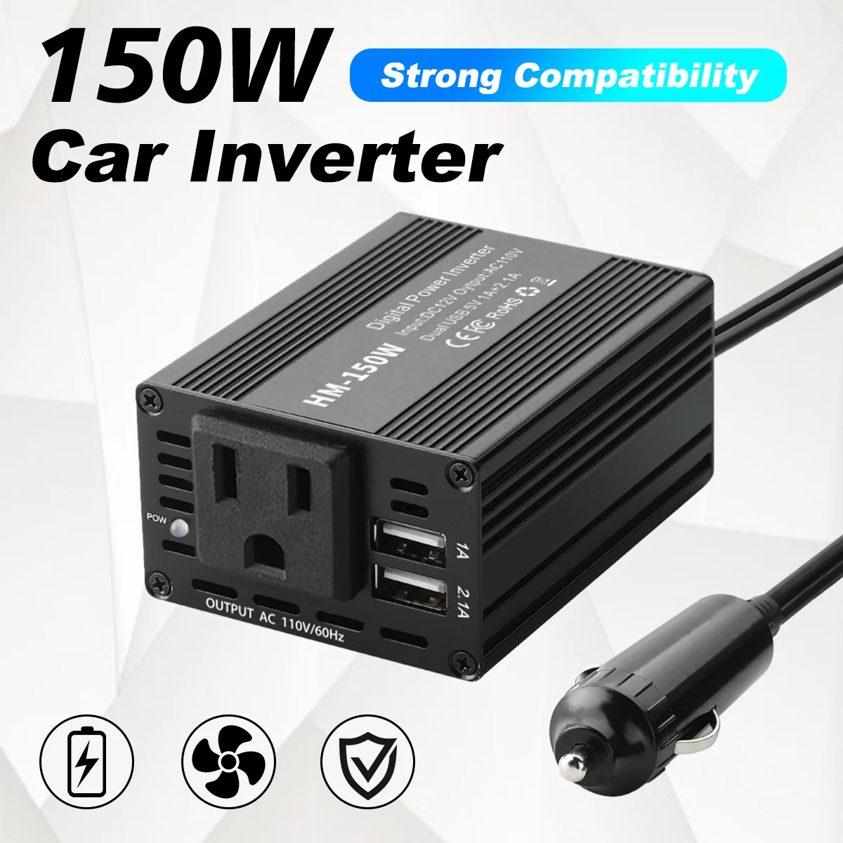 Przetwornica samochodowa 150W czysta fala sinusoidalna gniazdo amerykańskie wyjście 110V 1A/2.1A Port USB… Przetwornica samochodowa 150W czysta fala sinusoidalna gniazdo amerykańskie wyjście 110V 1A/2.1A Port USB…
