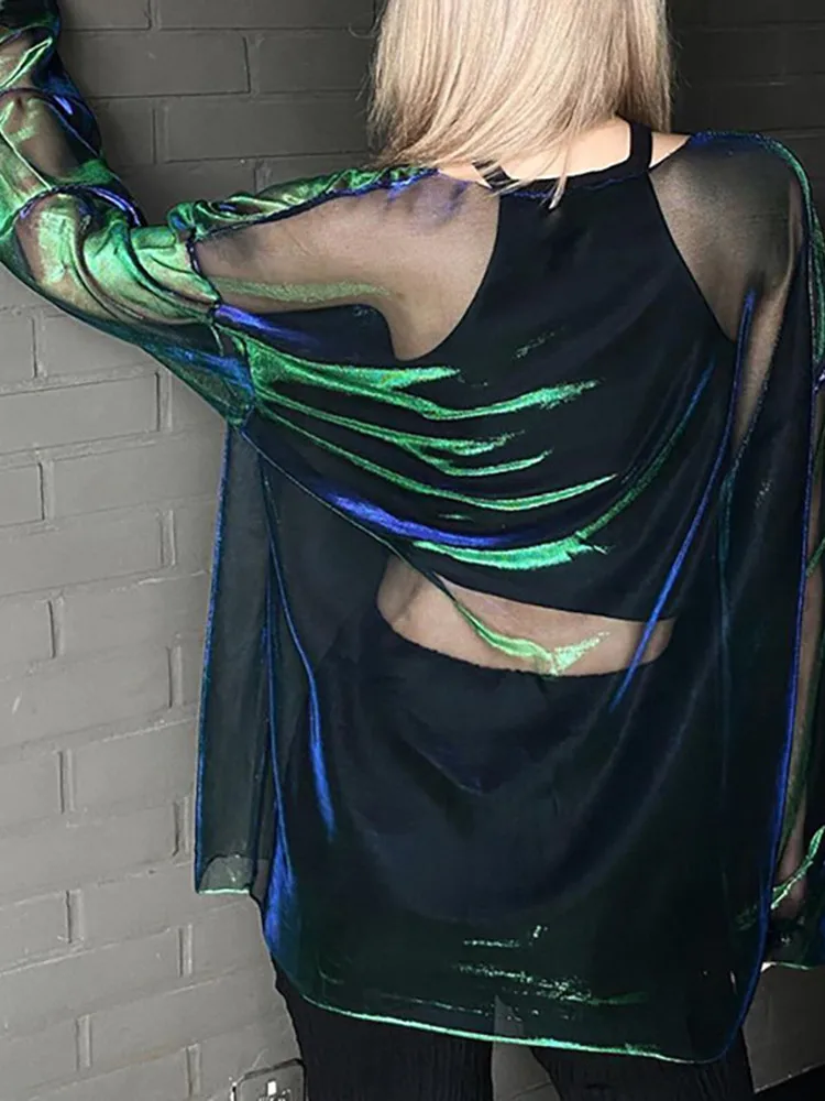 Przezroczyste koszulki dla kobiet Y2k Odzież Seksowne topy z długim rękawem Oversize Tshirt O-Neck Club Outfit…
