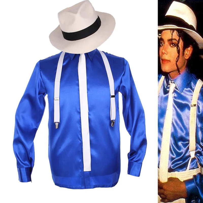 Punk Michael Jackson Smooth Criminal MTV Fedora Bule Shining Shirt Tie Suspender dla mężczyzn Prezent dla… Punk Michael Jackson Smooth Criminal MTV Fedora Bule Shining Shirt Tie Suspender dla mężczyzn Prezent dla…