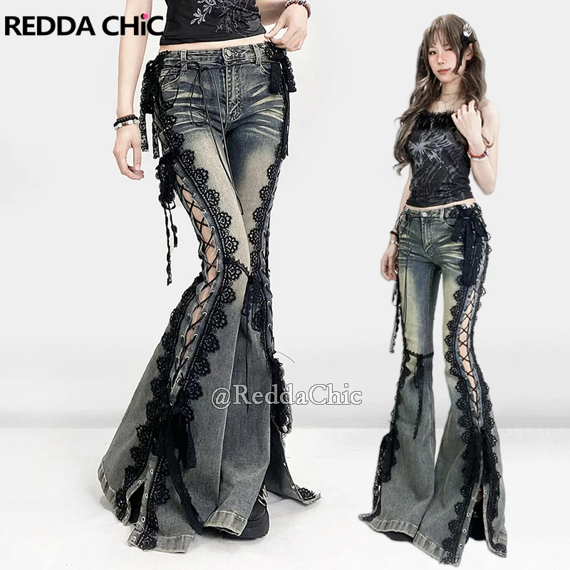REDDACHiC Eyelets Lace Up Flare Jeans Retro Stitch Lace Whiskers Slim Low Rise Split Bootcut Pants Women Bell… REDDACHiC Eyelets Lace Up Flare Jeans Retro Stitch Lace Whiskers Slim Low Rise Split Bootcut Pants Women Bell…