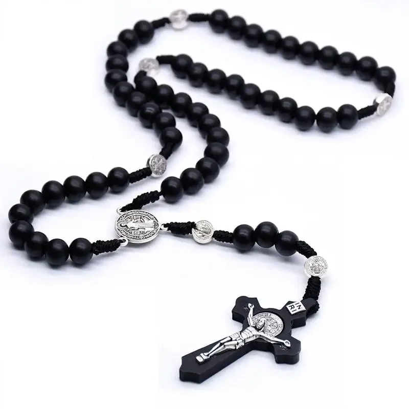 Religijny drewniany antyczny czarny krzyż różaniec wisiorek do samochodu jezus święty benedykt zroszony…