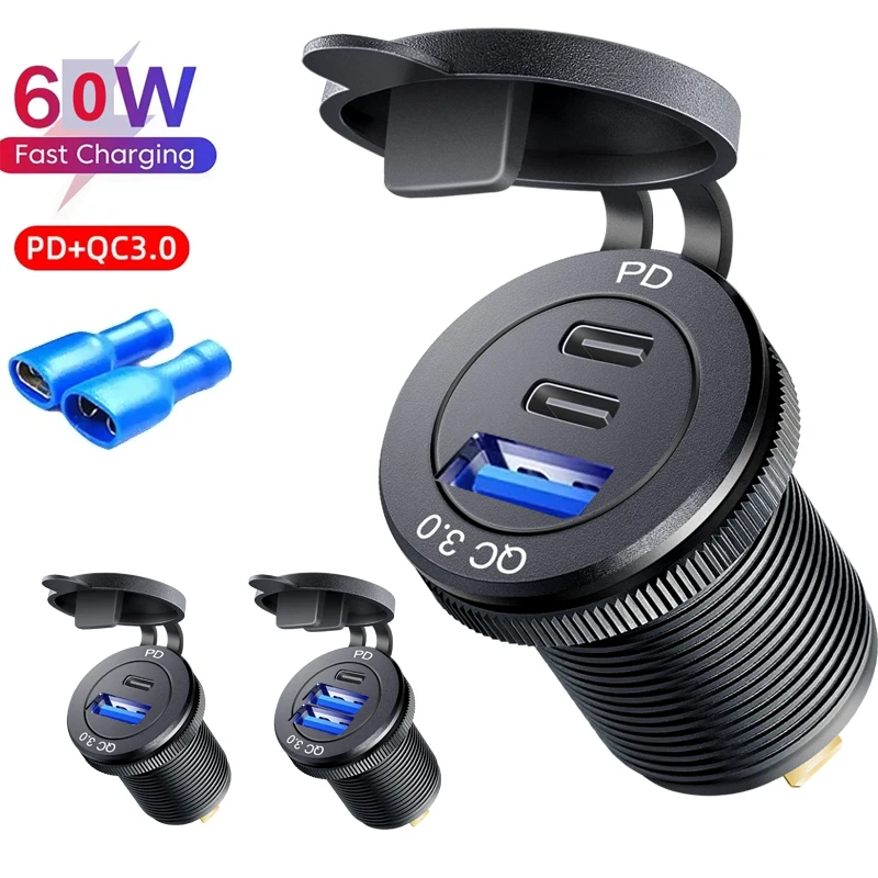 Samochodowe gniazdo ładowarki USB typu c 12/24V Trzy porty USB Gniazdo ładowarki USB-C PD i podwójne QC 3.0 do…