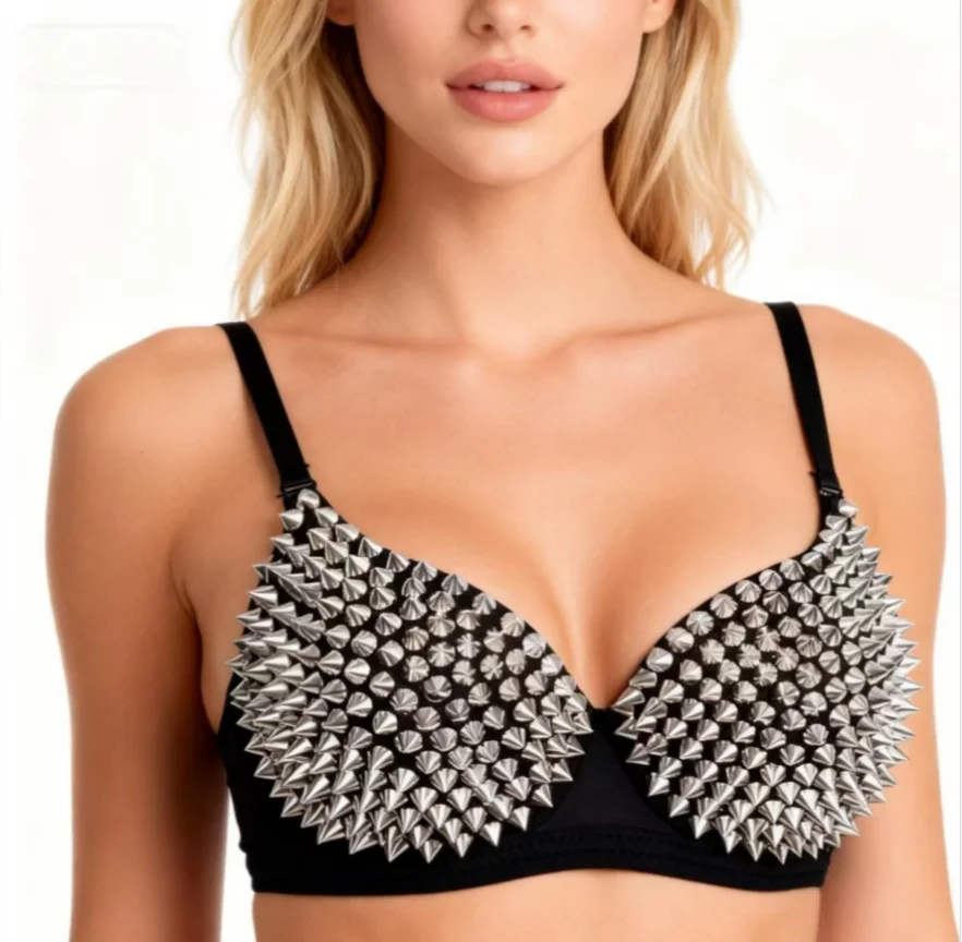 Silver Rivets Punk Rave Bralette Lingerie Gothic Bra Top Sexy Push Up Brassiere Nightclub Party Bar Fashion…