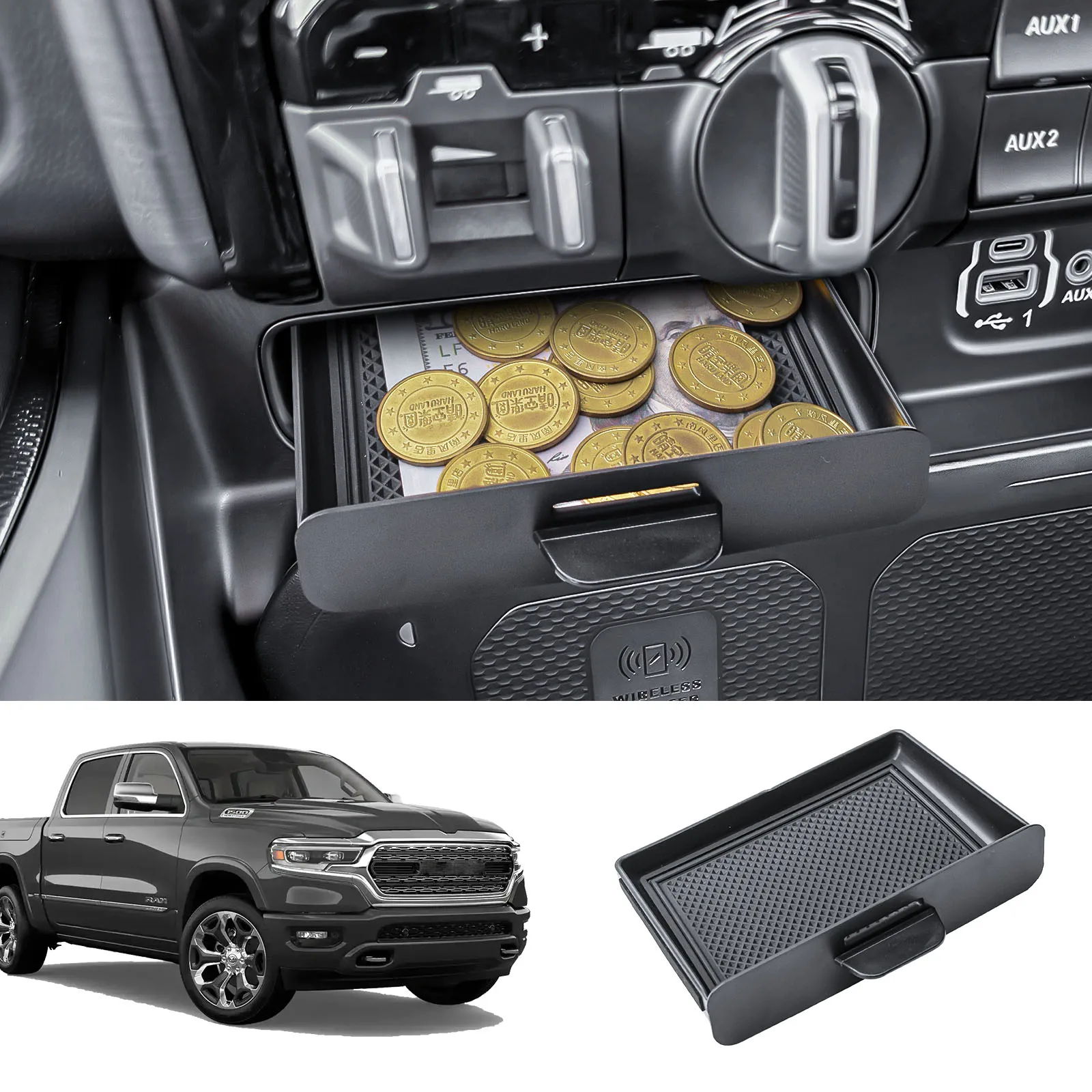 Skrzynka/Organizer do przedniej szuflady konsoli środkowej do Dodge RAM 1500 2500 3500 (roczniki 2019–2026)…