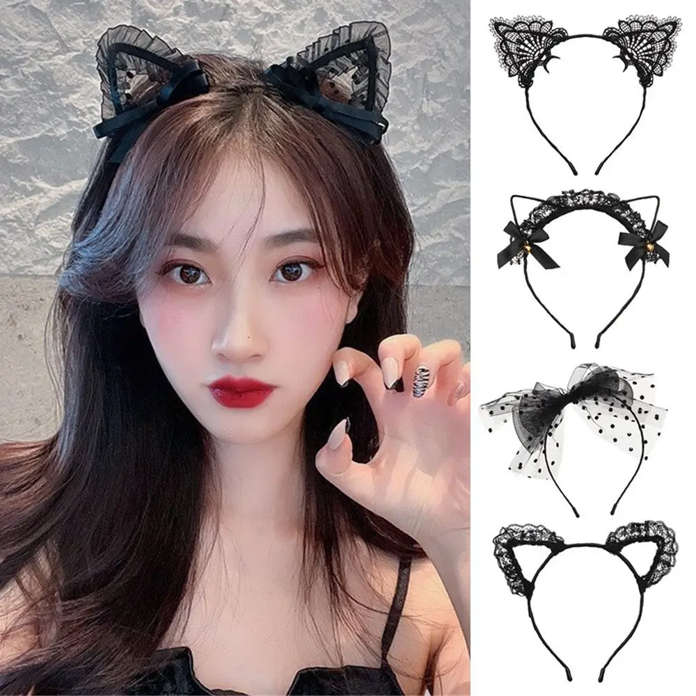 Śliczne koronkowe kocie uszy pałąk przebranie Hairband kobiety dziewczyny Cosplay nakrycia głowy Masquerade…