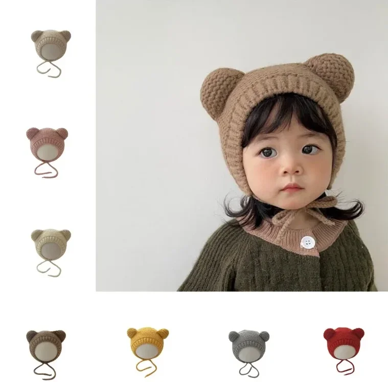 Słodka czapka dla noworodka Kawaii Cartoon Bear Ear Crochet Bonnet dla Baby Boy Girl Jesienno-zimowa ciepła…