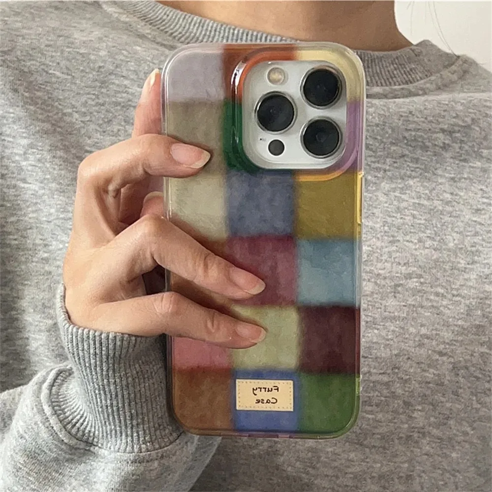 Słodkie etui z blokami kolorów dopaminowych w kratę do iPhone’a 17 16 15 14 13 12 11 Pro Max XS XR X 7 8 Plus…