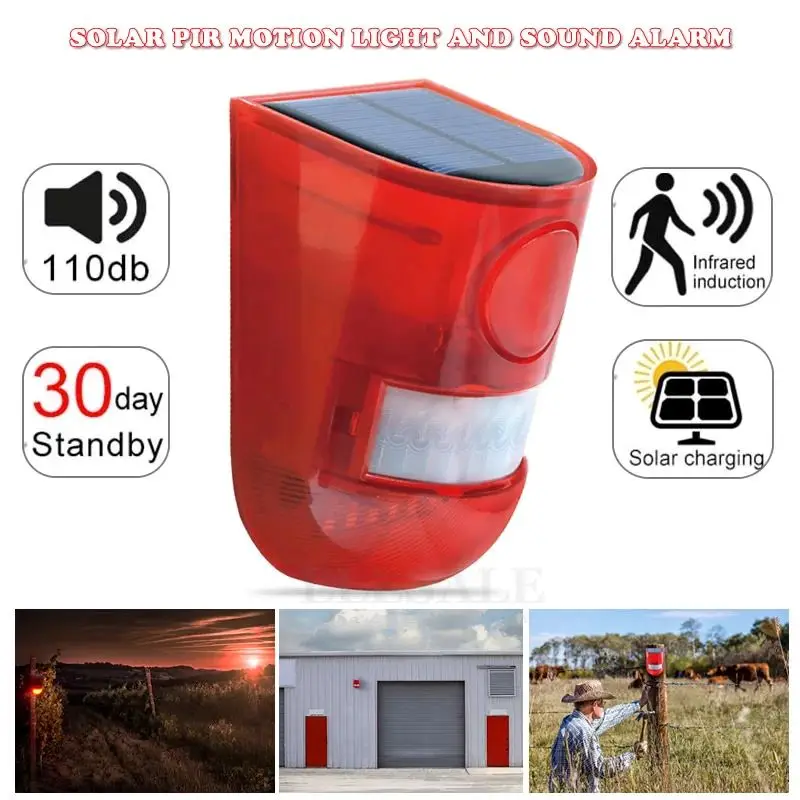 Solarny Alarm czujnik ruchu na podczerwień wykrywacz ruchu syrena stroboskopowa z syreną 110db światło…