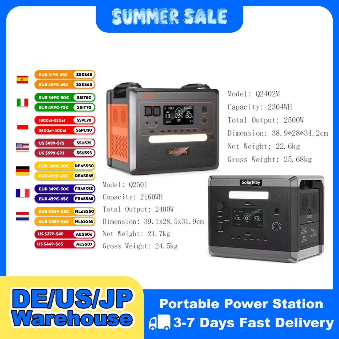 SOLARPLAY Q2501 Q2402M Przenośna elektrownia 2160WH 2304WH Bateria LiFePO4 z generatorem słonecznym…