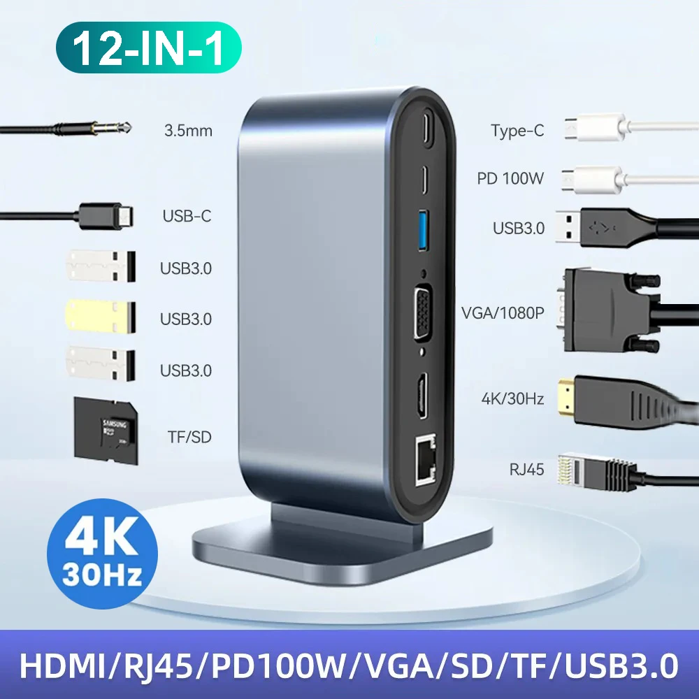Stacja dokująca USB C PD 100W USB C HUB typu C do HDMI-kompatybilna z adapterem 4K 30Hz VGA RJ45 USB 3.0 HUB…