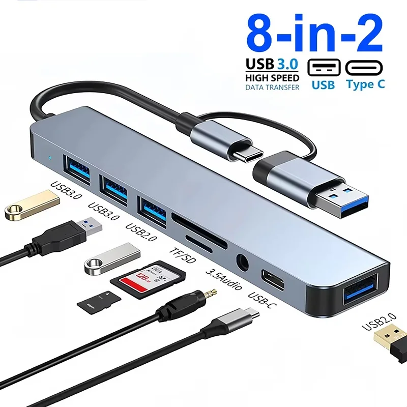 Stacja dokująca USB Type C 8 w 1, adapter multiportowy Type C z gniazdem 3.5mm, czytnikiem kart pamięci SD do… Stacja dokująca USB Type C 8 w 1, adapter multiportowy Type C z gniazdem 3.5mm, czytnikiem kart pamięci SD do…