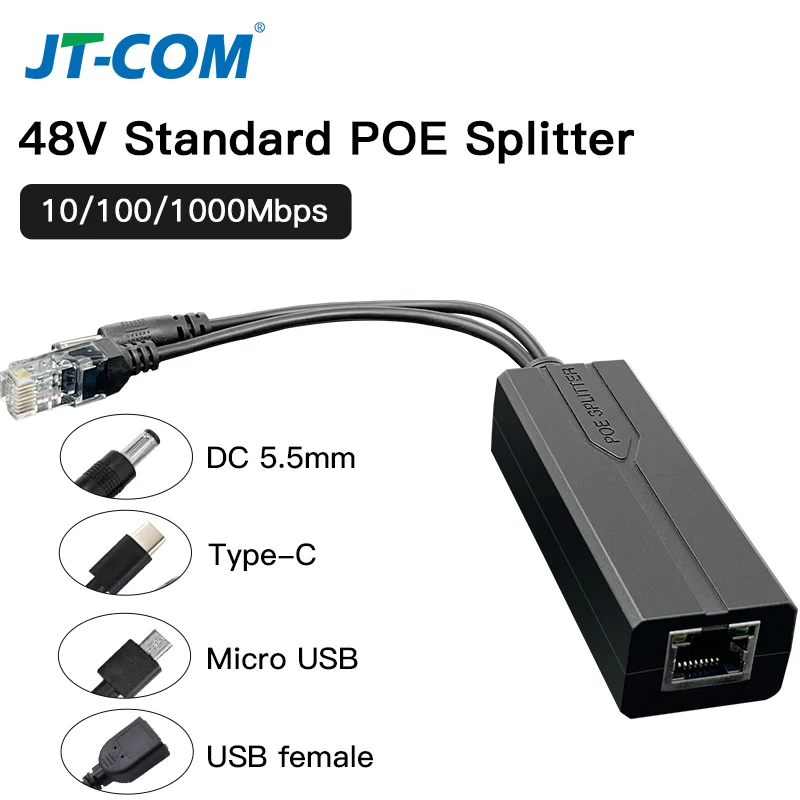 Standardowy rozdzielacz POE 48V na 5V 12V 1.2A 2A Micro USB Type-C 100M/1000M, zasilacz/injektor POE do kamer…