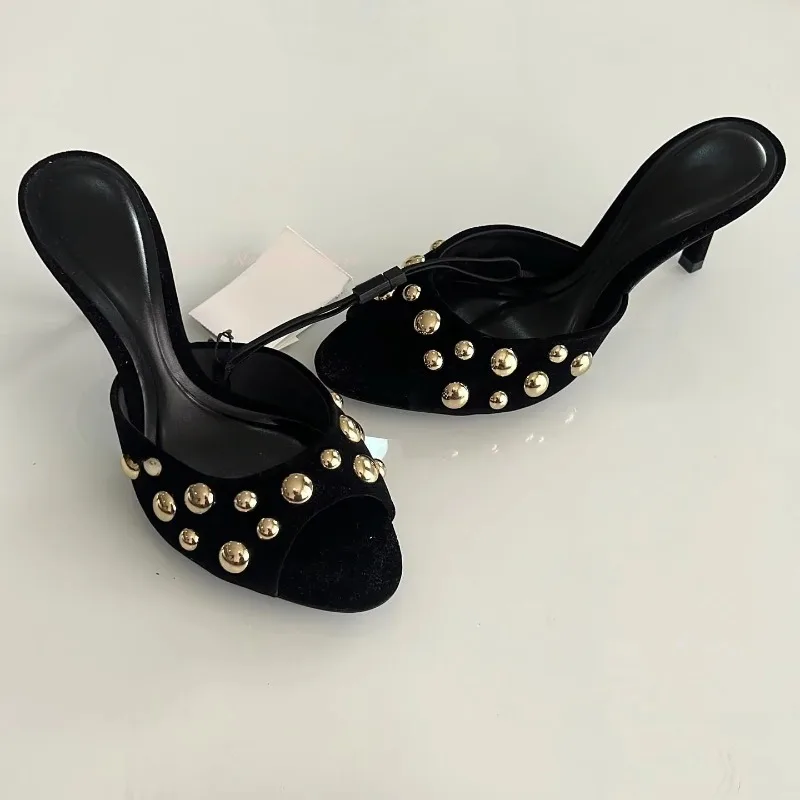 Studded Peep Toe Mules Stiletto Slip On Gold Rivets Decor Classic Sexy Women Summer Sandals Dress Party Daily… Studded Peep Toe Mules Stiletto Slip On Gold Rivets Decor Classic Sexy Women Summer Sandals Dress Party Daily…
