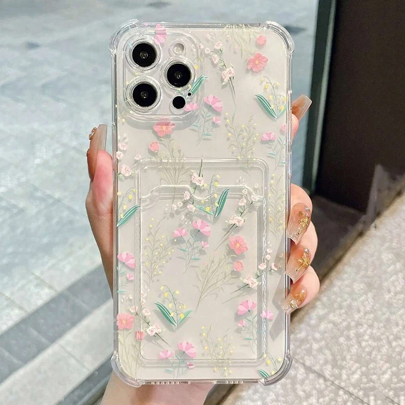 Stylowe etui na telefon z motywem wiosennych różowych kwiatów, z miejscem na karty, do iPhone 17, iPhone 16…