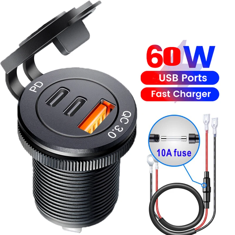 Super ładowarka typu C gniazdo szybkiego ładowania 12 V/24 V 60 W podwójne gniazdo motocyklowe USB gniazdko…