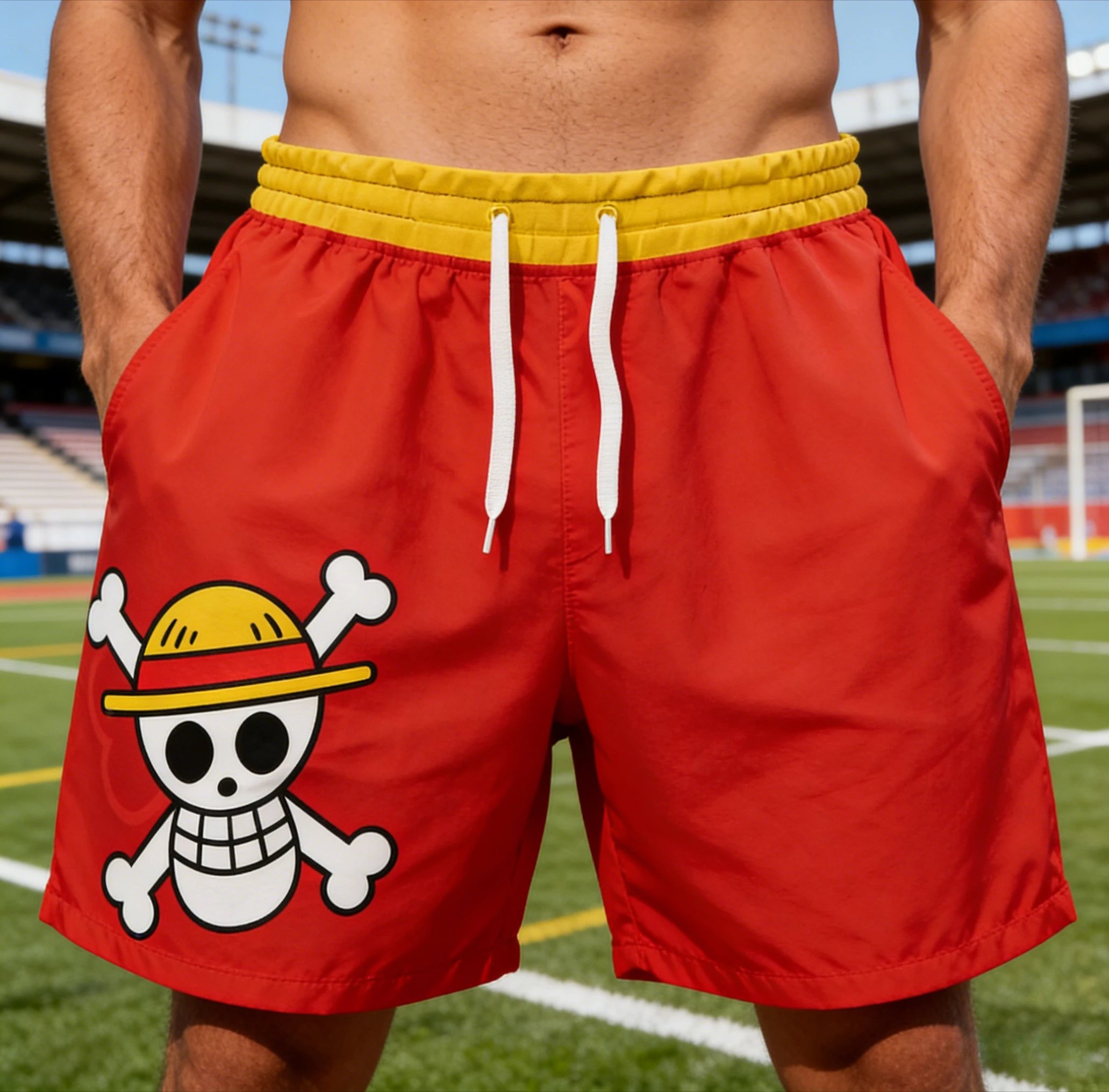 Szorty One Piece Luffy Piraci Słomkowego Kapitańskiego, czerwono-żółte, codzienne, z logo anime czaszki…