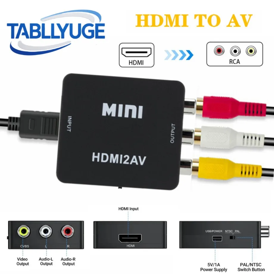 TABLLYUGE Konwerter HDMI na AV RCA 1080P Adapter HDMI2AV z Kablem USB Obsługa NTSC PAL Dla PC HDTV Projektora TABLLYUGE Konwerter HDMI na AV RCA 1080P Adapter HDMI2AV z Kablem USB Obsługa NTSC PAL Dla PC HDTV Projektora
