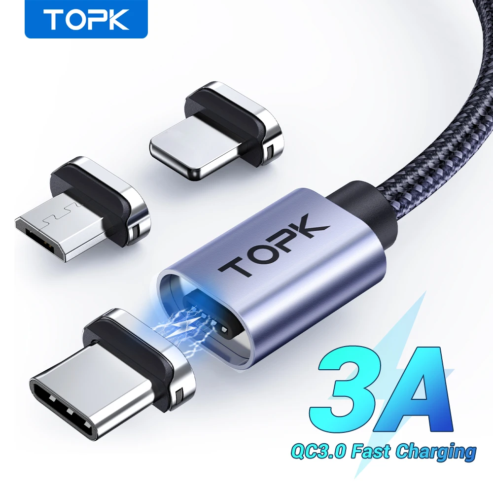 TOPK Magnetyczny kabel ładujący 3A Micro USB typu C z diodą LED Magnes Ładowarka do telefonu Przewód do…