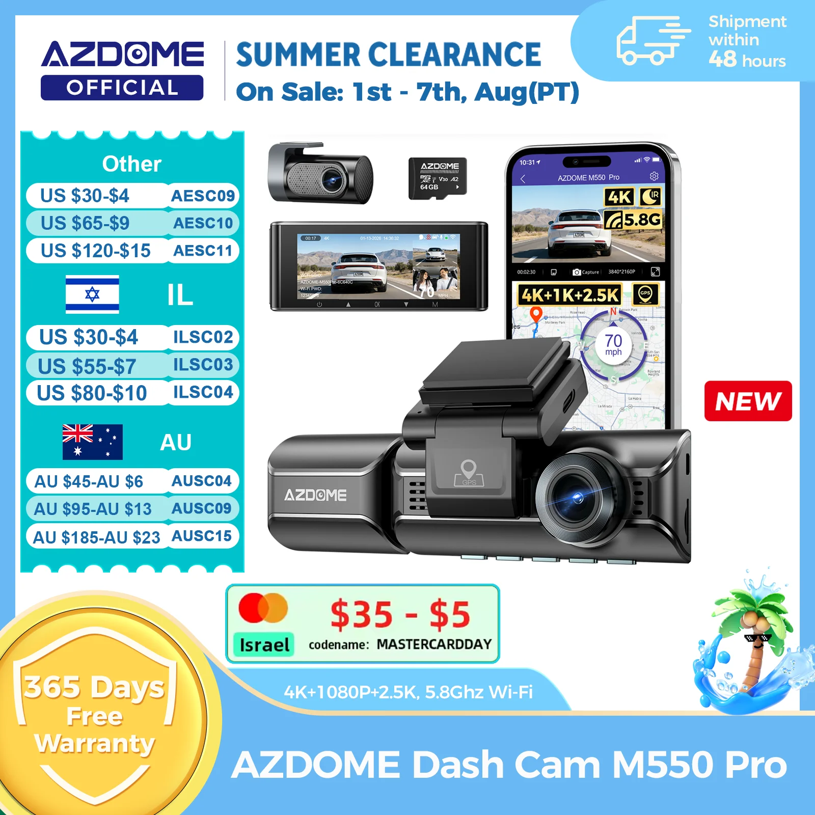 Ulepszony rejestrator samochodowy AZDOME M550 Pro 4K, kamera przednia, Wi-Fi 5.8Ghz, GPS, czujnik G…