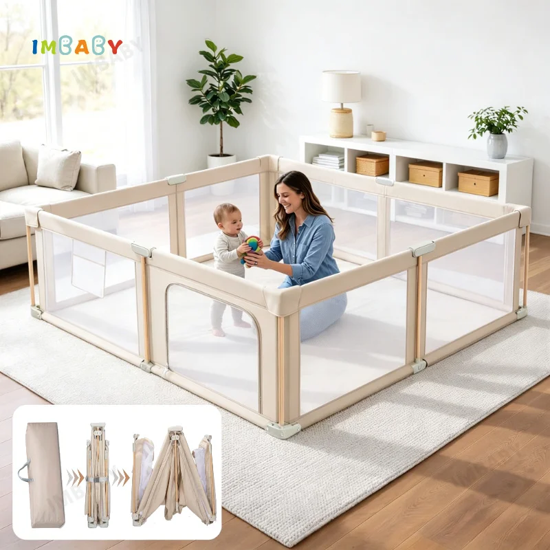 Ulepszony, składany, beżowy kojec dla dziecka Premium 150×180 cm, przenośny, 360 stopni ° Oddychający kojec…
