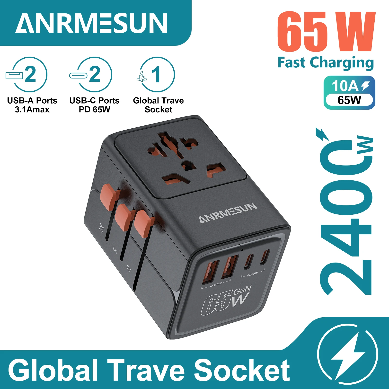 Uniwersalny adapter podróżny GaN 65W/45W/25W z 2 USB i 2 portami Type-C do szybkiego ładowania, uniwersalna… Uniwersalny adapter podróżny GaN 65W/45W/25W z 2 USB i 2 portami Type-C do szybkiego ładowania, uniwersalna…