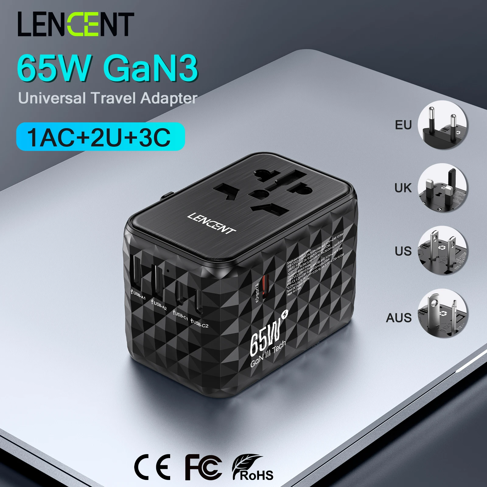 Uniwersalny adapter podróżny LENCENT 65 W GaN z 2 portami USB 3 typu C do szybkiego ładowania Uniwersalna… Uniwersalny adapter podróżny LENCENT 65 W GaN z 2 portami USB 3 typu C do szybkiego ładowania Uniwersalna…