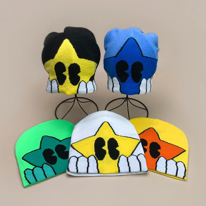 Urocze, dziergane czapki z pięcioramienną gwiazdą w stylu kreskówkowym, nowe, ciepłe czapki typu beanie na…