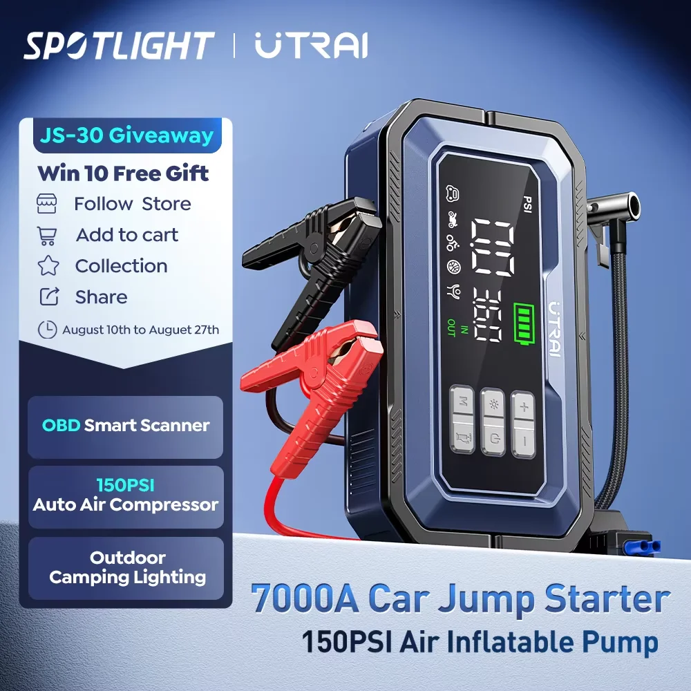  UTRAI All-in-One 7000A Rozrusznik Samochodowy z Kompresorem Powietrznym, Diagnostyką OBD i Lampami… UTRAI All-in-One 7000A Rozrusznik Samochodowy z Kompresorem Powietrznym, Diagnostyką OBD i Lampami…