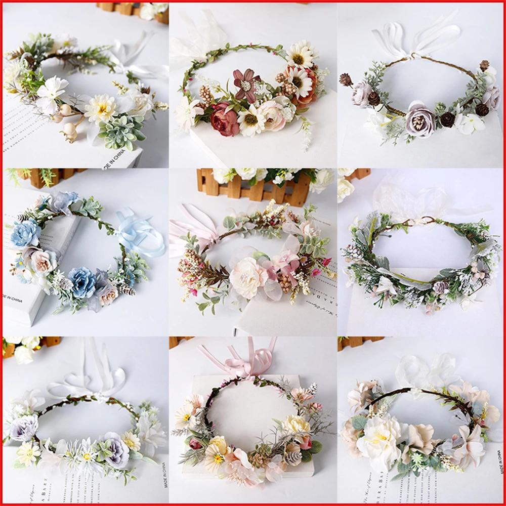 Vintage Bohemian Garland Ozdoba do Włosów Różane Opaski Ślubne Korony dla Dziewczynek Ręcznie Robione…
