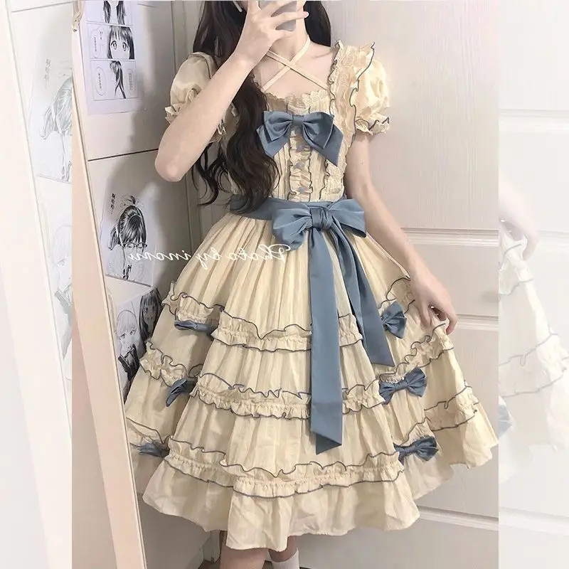 Wiktoriańska księżniczka w stylu Vintage sukienka Lolita elegancka słodka kokarda z kokardą i sukienka z…