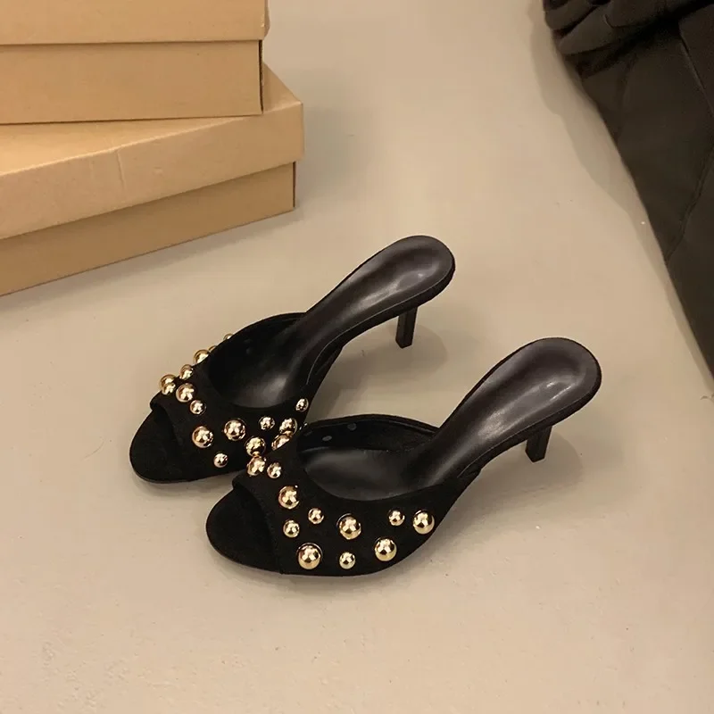 Wiosenne nowe buty damskie, czarny aksamitny efekt, ćwiek, bez pleców, na jedną stopę, sandały na szpilce… Wiosenne nowe buty damskie, czarny aksamitny efekt, ćwiek, bez pleców, na jedną stopę, sandały na szpilce…
