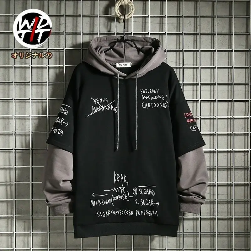 Wiosna/jesień męski sweter Retro Mock dwuczęściowy z kapturem koreański hiphopowy nadruk bluza luźna bluza z…