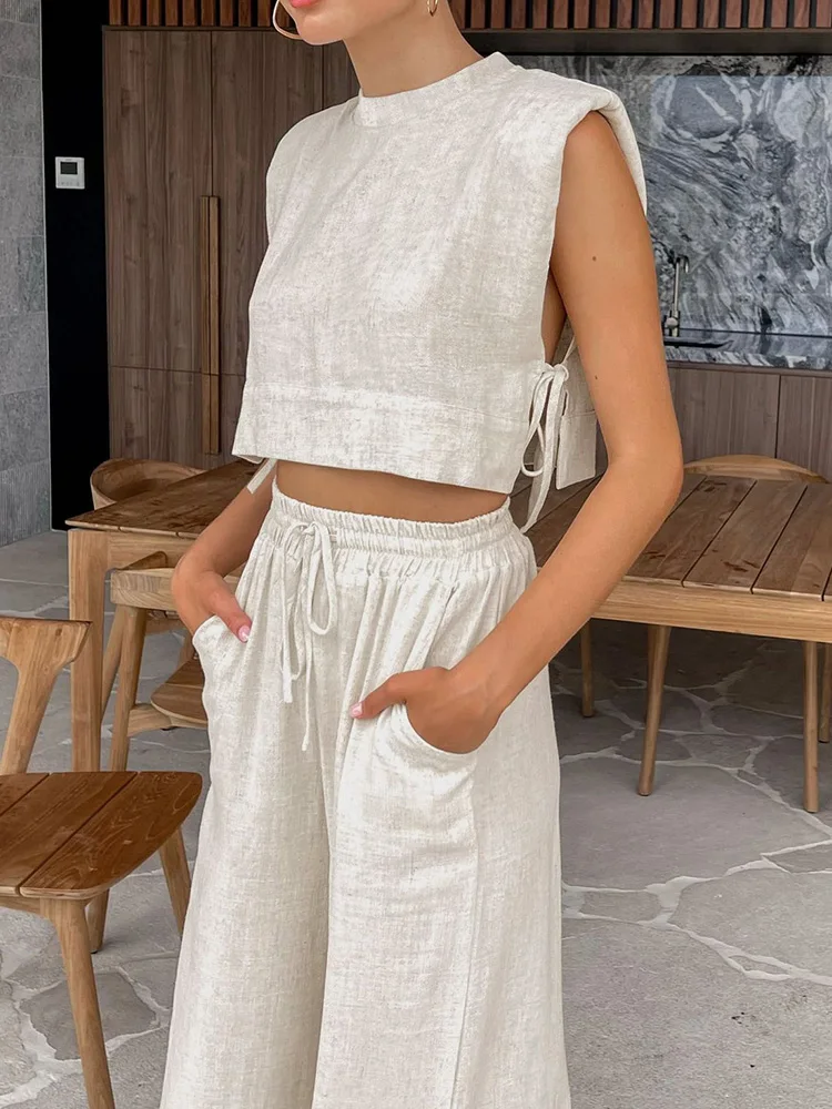 Wiosna Lato 2025 Kobiety Wakacyjny zestaw lnianych spodni Crop Tops Solidne stroje 2 Dwuczęściowy pasujący…