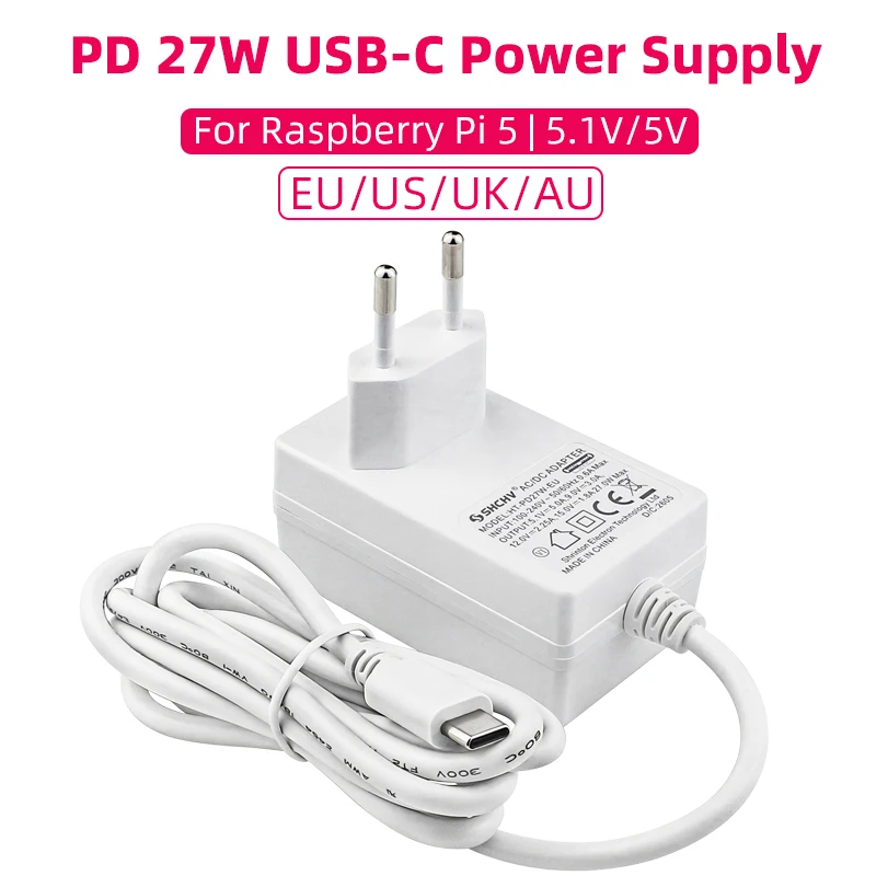 Zasilacz Raspberry Pi 5 PD 27W 5.1V 5A USB Type-C z wtyczką EU US UK AU do Australii, adapter zasilania