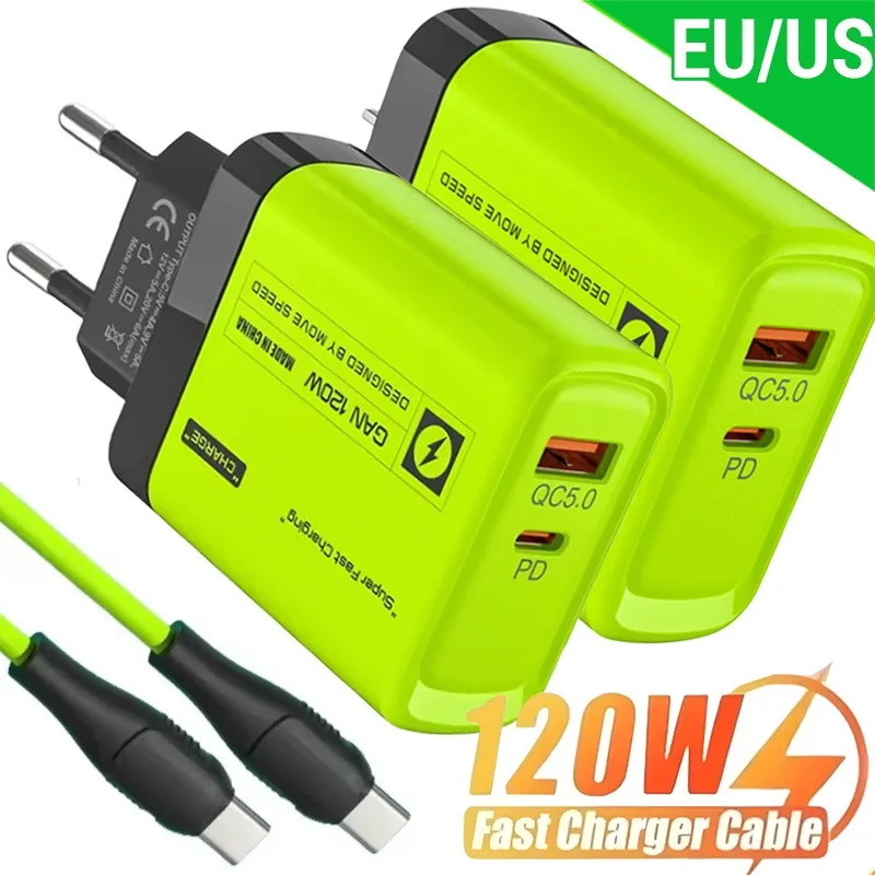 Zestaw ładowarki USB C 120 W z 2 portami Zielona wtyczka ścienna Adapter UE/USA Szybkie ładowanie do iPhone…