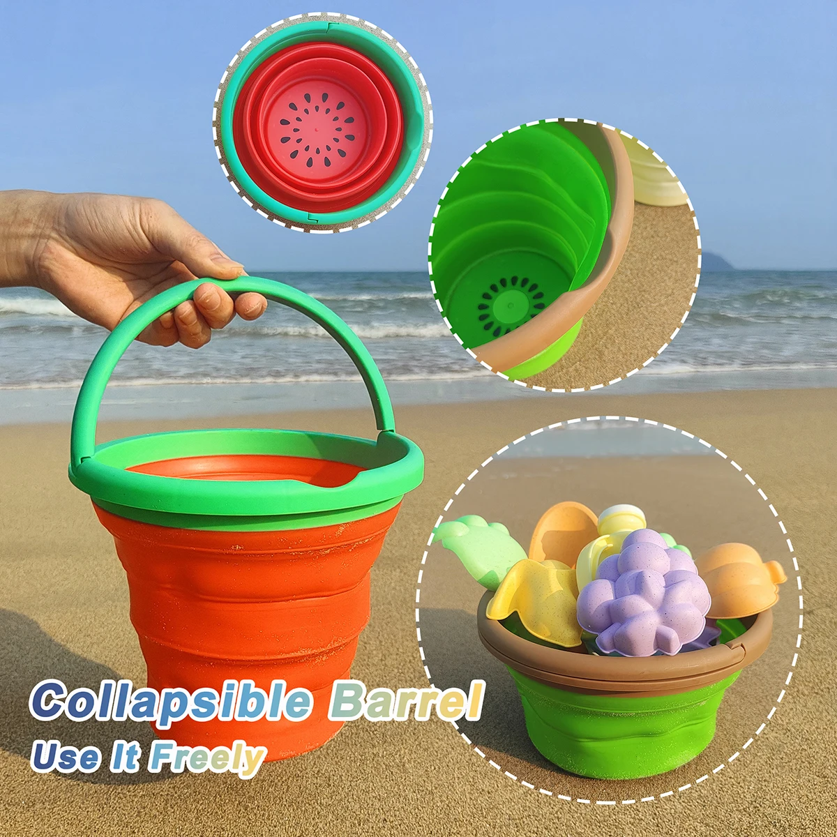 Zestaw letnich zabawek plażowych o tematyce owocowej, seria owocowa, wiaderko plażowe, zabawa w wodzie… Zestaw letnich zabawek plażowych o tematyce owocowej, seria owocowa, wiaderko plażowe, zabawa w wodzie…