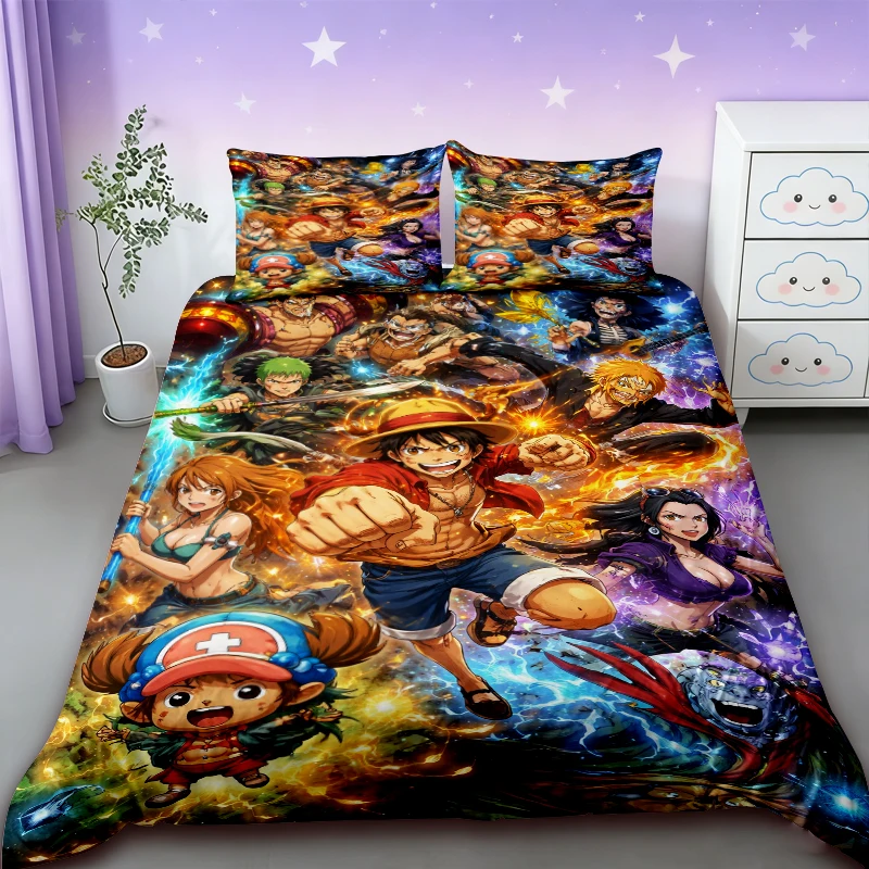 Zestaw pościeli dla dzieci z motywem Luffy z One Piece, 1 poszwa na kołdrę i 2 poszewki na poduszki, miękki i…
