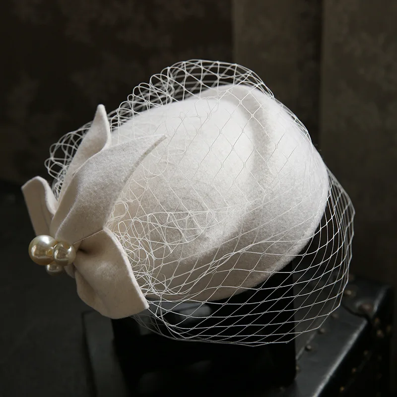 Zimowa wełniana czapka z kokardą z welonem, elegancka damska czapka w stylu francuskim na wesele, fascynator… Zimowa wełniana czapka z kokardą z welonem, elegancka damska czapka w stylu francuskim na wesele, fascynator…