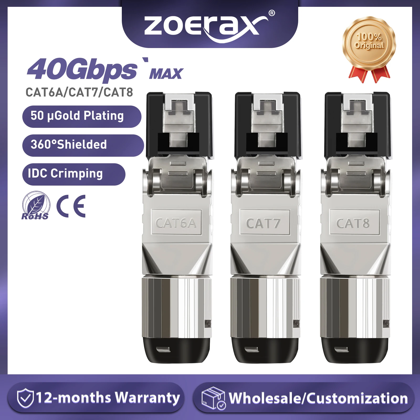 Złącza ZoeRax RJ45 Cat8 Cat7 Cat6A, ekranowane, bezużywające narzędzi wtyki modułowe RJ45, kabel LAN 2000MHz…