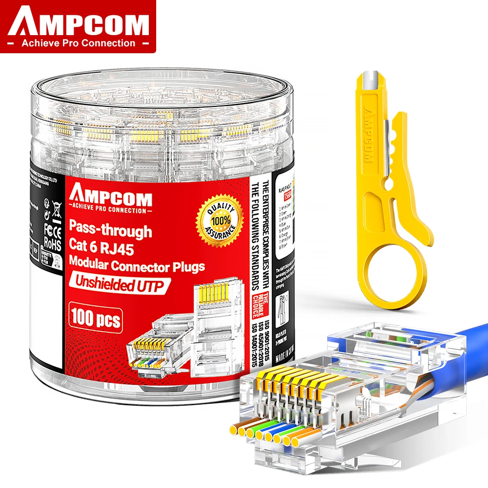 Złącze modułowe RJ45 AMPCOM w opakowaniu typu canister, przelotowe złącze CAT6 UTP 3μ 8P8C do zaciskania kabli…