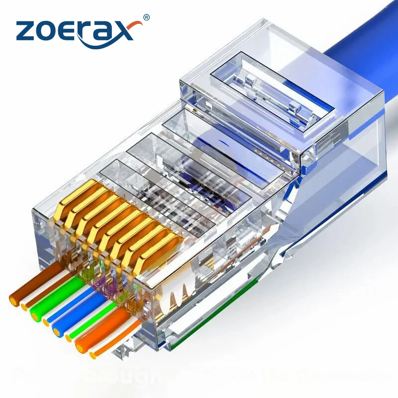 ZOERAX 50/100 szt. Złącze przelotowe RJ45 23AWG Cat6 Cat5e RJ45 wtyczki modułowe pozłacane 8P8C końcówki RJ45