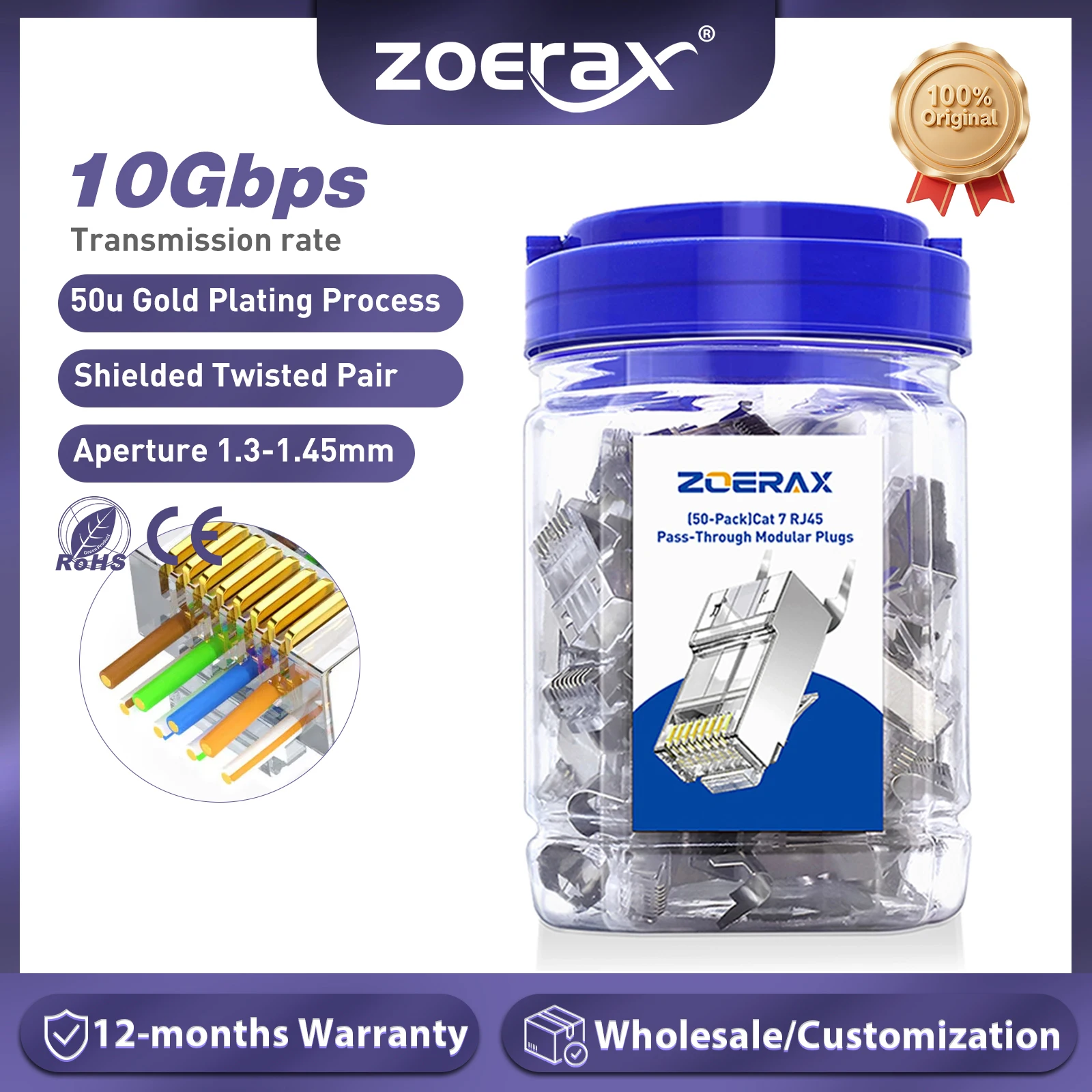 ZoeRax 50 sztuk Ekranowane Złącza Przelotowe RJ45 Cat7 Cat6A – 3-pinowe 8P8C 50U Pozłacane 2-częściowe Wtyki…
